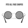 Round sunglasses with black lenses and thin silver frames on a white background.