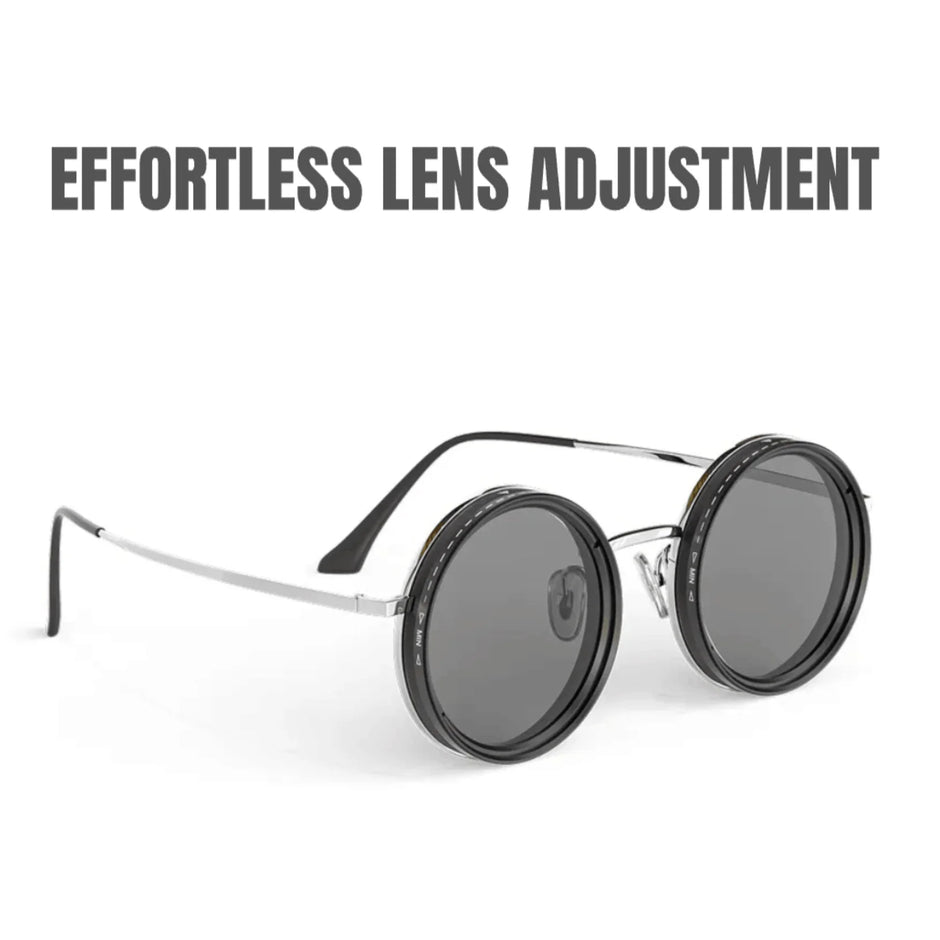 Round sunglasses with adjustable lenses on a white background, featuring text 'EFFORTLESS LENS ADJUSTMENT'.