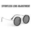 Round sunglasses with adjustable lenses on a white background, featuring text 'EFFORTLESS LENS ADJUSTMENT'.