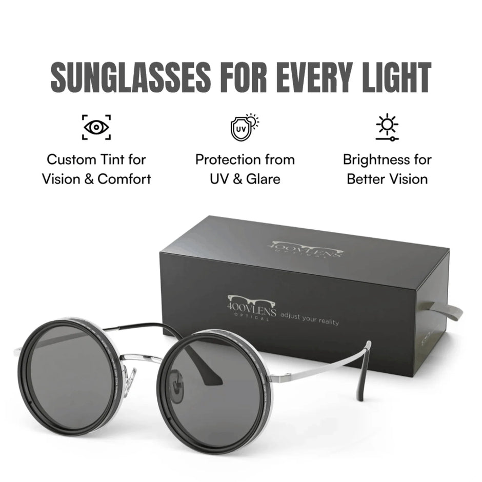 Sunglasses with a black box on a white background, featuring text about sunglasses for every light.