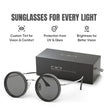Sunglasses with a black box on a white background, featuring text about sunglasses for every light.