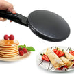 Black pancake maker with images of pancakes and crepes on a white background