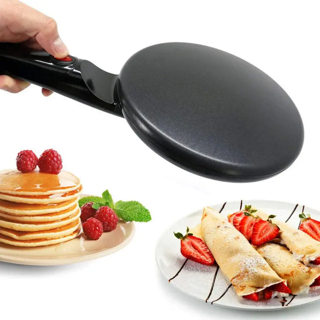 Black pancake maker with images of pancakes and crepes on a white background