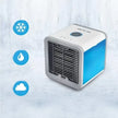 Portable air cooler with icons representing cooling, humidity, and fan functions on a light blue background.