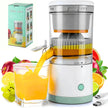Juicer with a glass of orange juice, surrounded by fruits, and its packaging in the background.