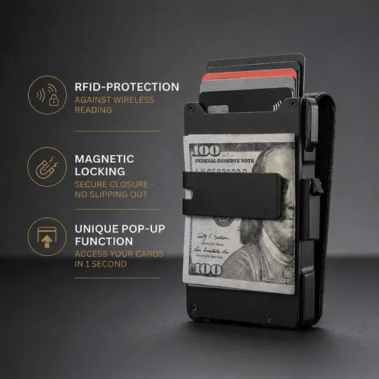 Minimalist Wallet – Maximum Capacity. Minimal Footprint on black background