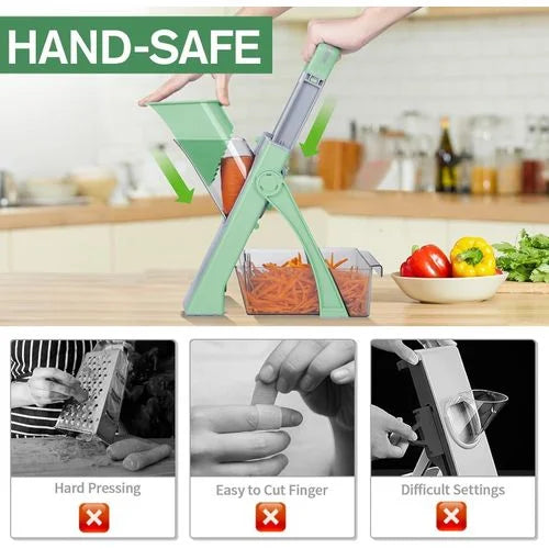 Vegetable chopper with safety features shown in a kitchen setting