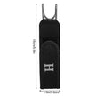 Black leather strap with metal clip and dimensions on a white background