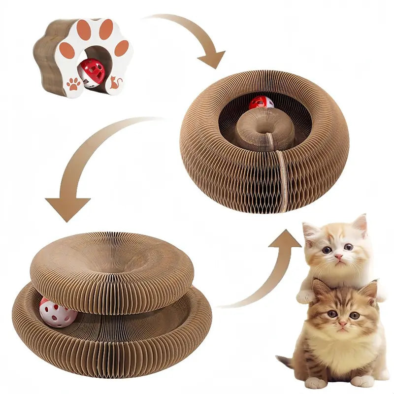 Collapsible cardboard cat toy with a paw print and two kittens on a white background