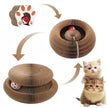 Collapsible cardboard cat toy with a paw print and two kittens on a white background