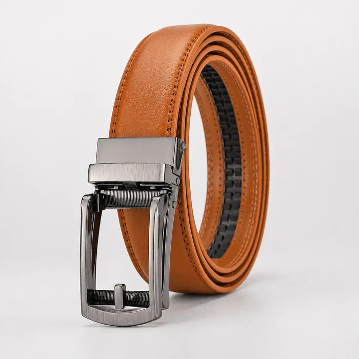 A coiled tan leather belt with a brushed silver automatic buckle, displayed on a clean white background.