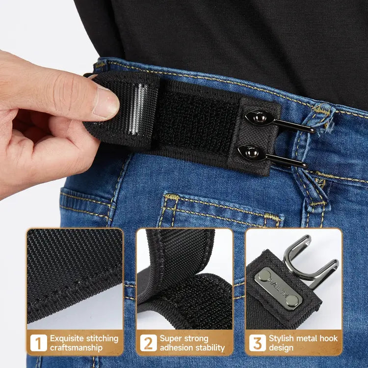 Person wearing a black belt with metal hooks, highlighting features on a white background.