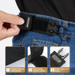 Person wearing a black belt with metal hooks, highlighting features on a white background.