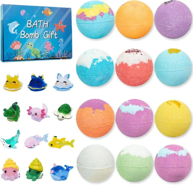 Bath bomb set with colorful bath bombs and small ocean-themed figures in a gift box.