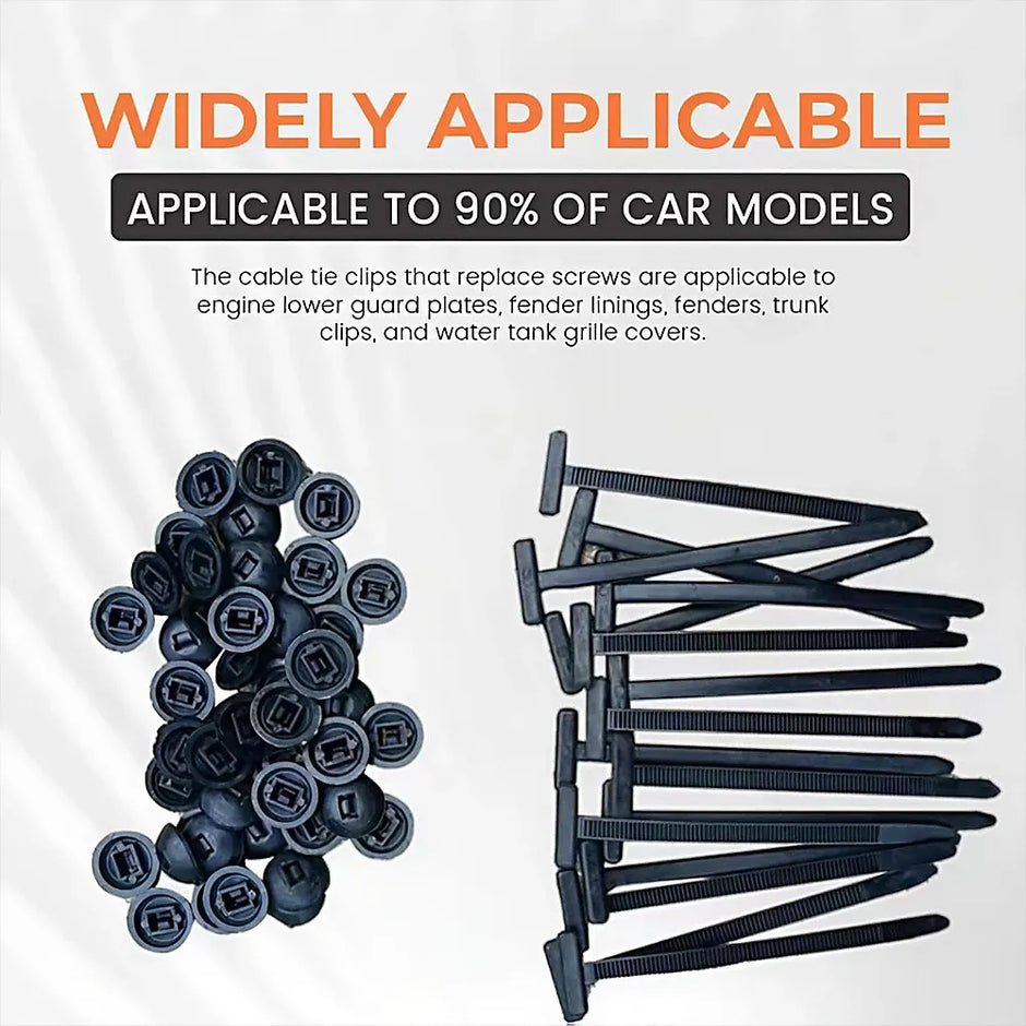 Black cable tie clips and clips on a white background with text about applicability to 90% of car models.
