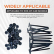 Black cable tie clips and clips on a white background with text about applicability to 90% of car models.