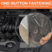 Car engine with close-up of tool application and text about one-button fastening.