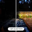 Before and after comparison of a garden pathway illuminated by lights.