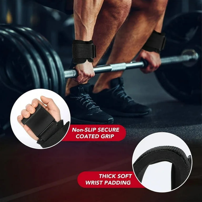 Person lifting weights with wrist support straps, emphasizing non-slip grip and thick soft padding.