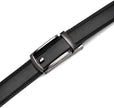 A close-up of a black textured leather belt with a polished silver-tone metal buckle, shown diagonally on a plain white background.