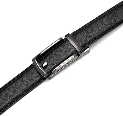 A close-up of a black textured leather belt with a polished silver-tone metal buckle, shown diagonally on a plain white background.