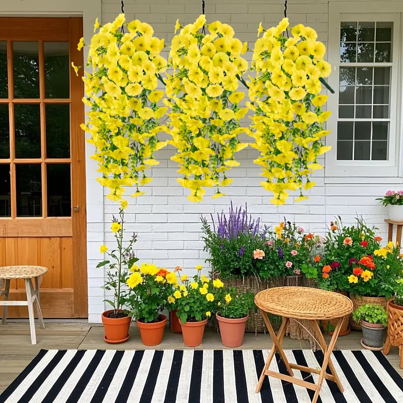 Outdoor patio with yellow floral decorations, potted plants, and a striped rug.