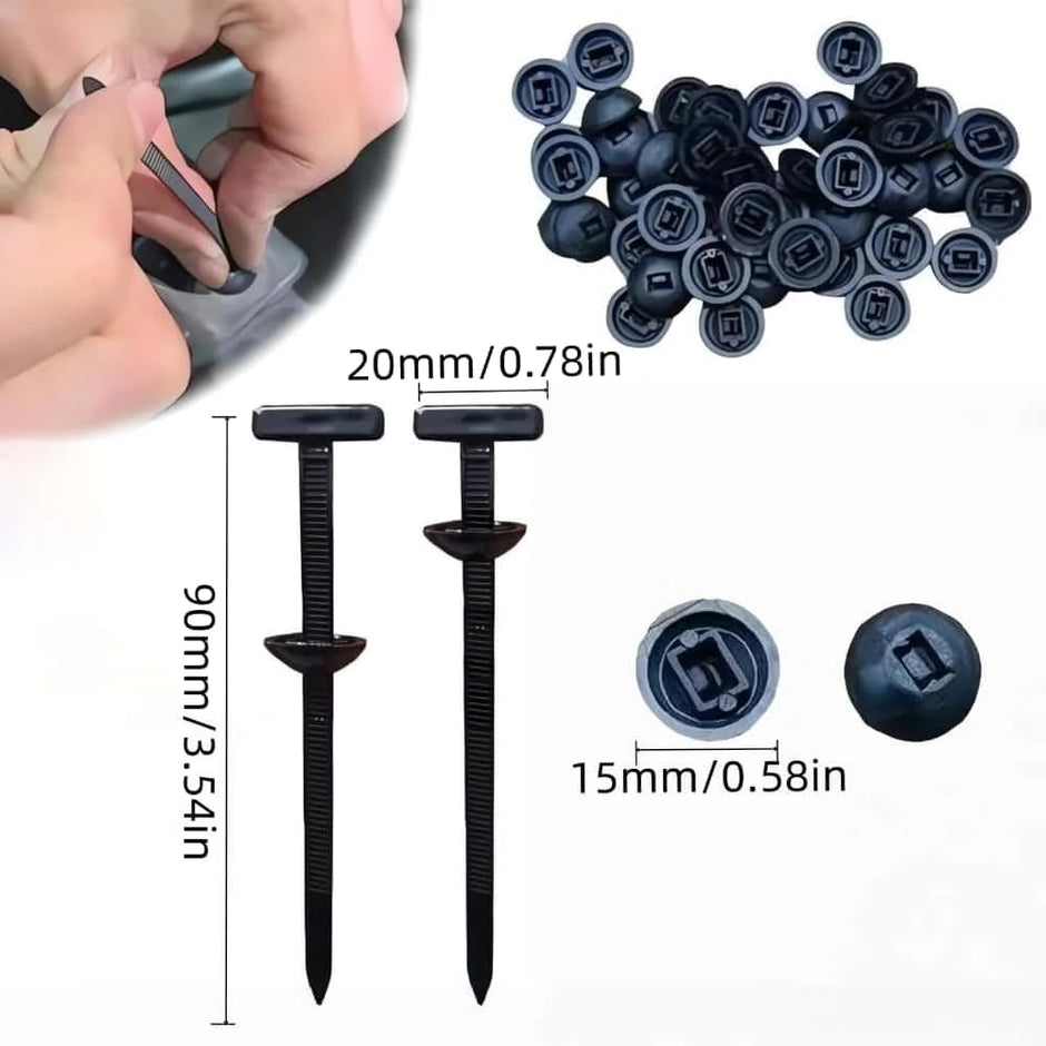 Black plastic nails with measurements and a hand holding a tool.