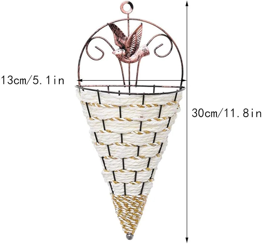 Decorative wall planter with bird design, measurements indicated.