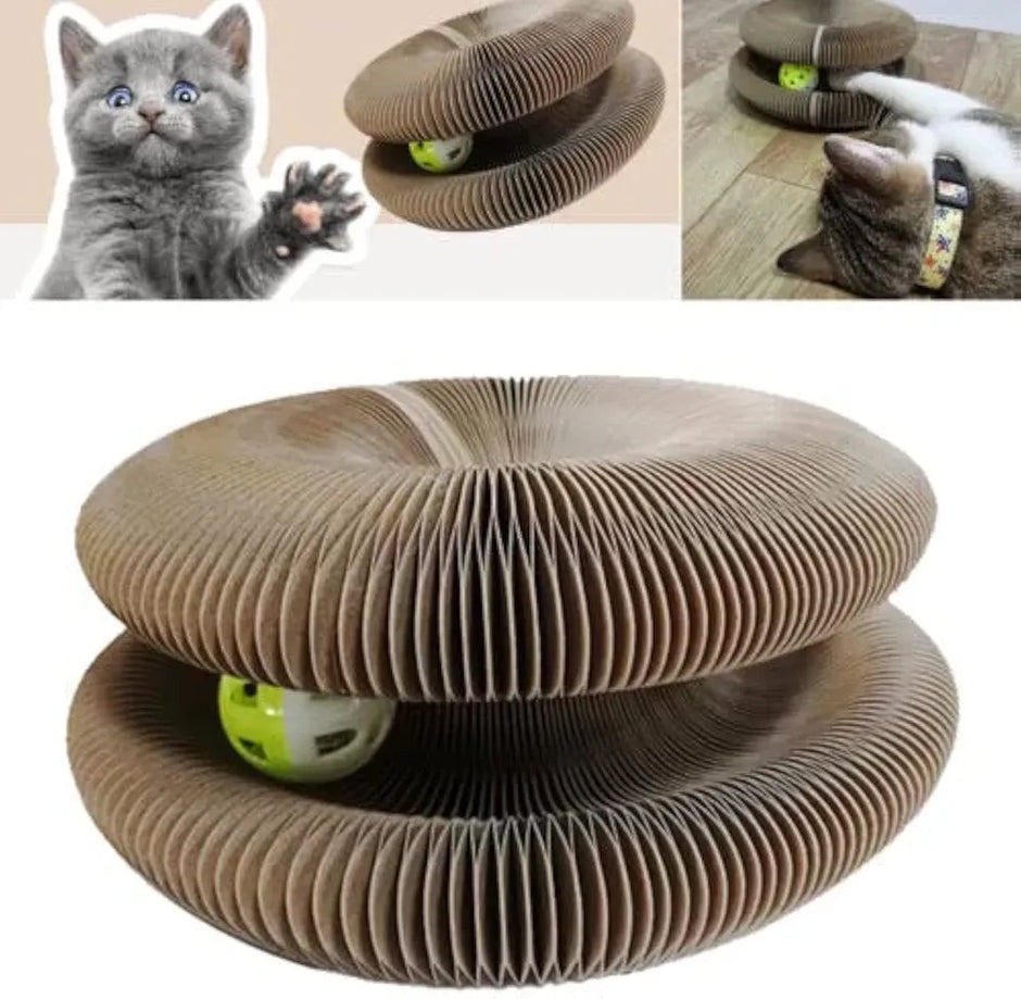 Cardboard cat toy with a ball inside, shown from different angles with cats interacting.