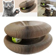Cardboard cat toy with a ball inside, shown from different angles with cats interacting.