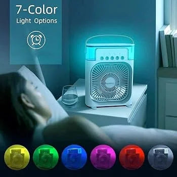 Portable fan with 7-color light options on a nightstand.