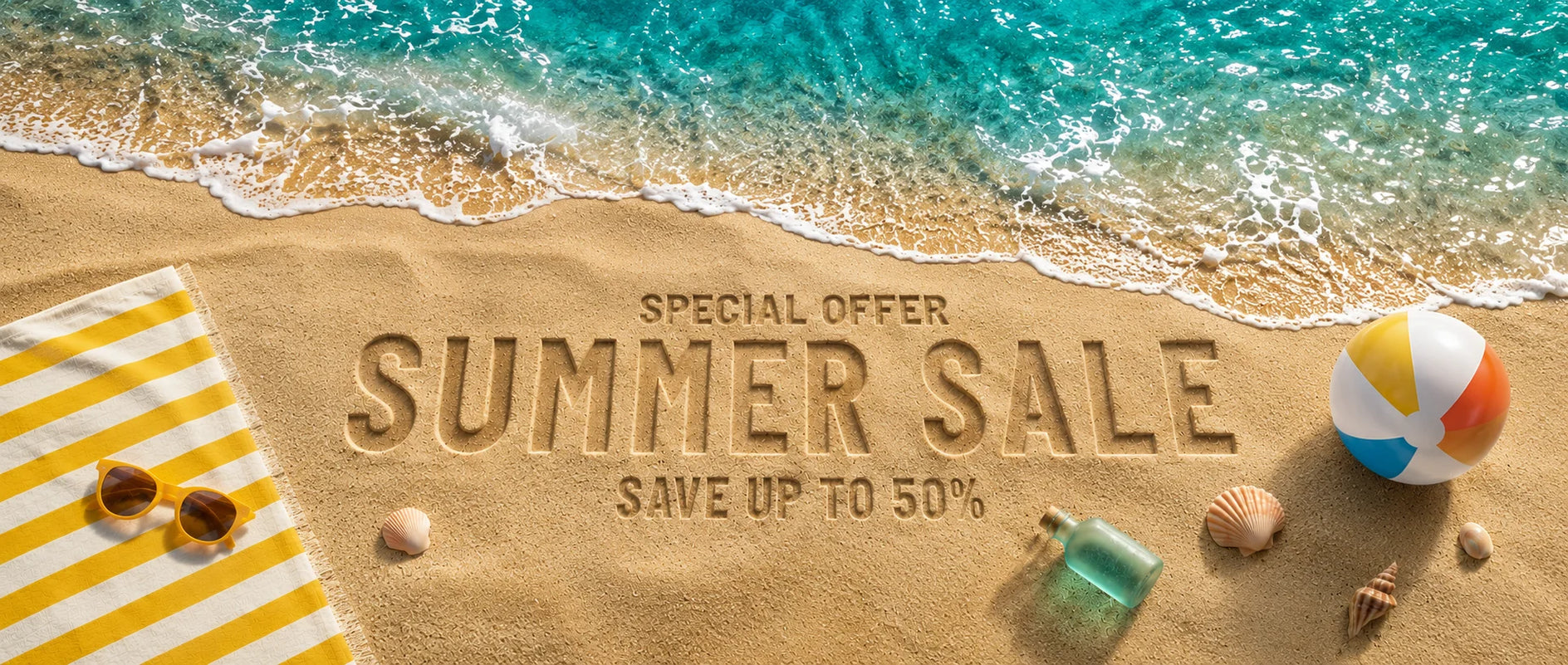 Summer sale advertisement on sand with beach elements