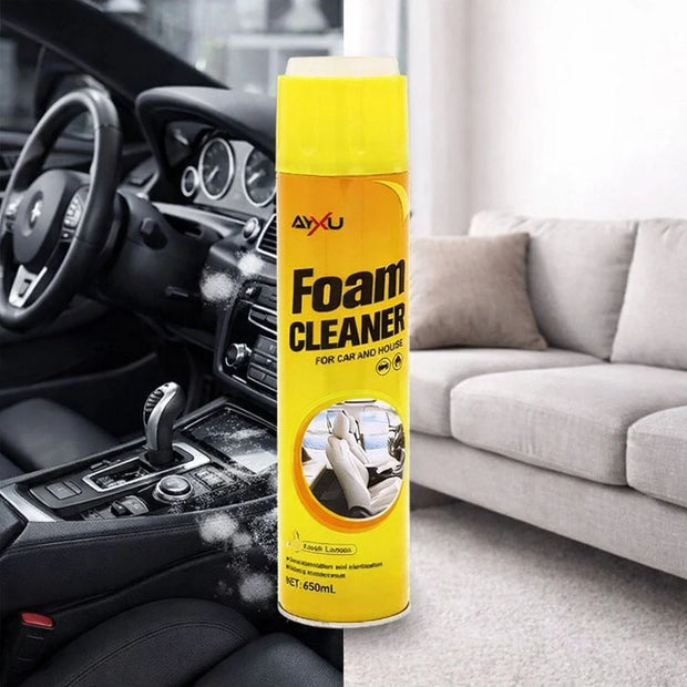 Foam cleaner spray can with car interior and living room background