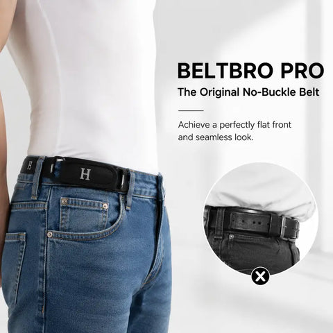 Person wearing a belt with 'BeltBro Pro' branding, featuring a close-up of the belt buckle.