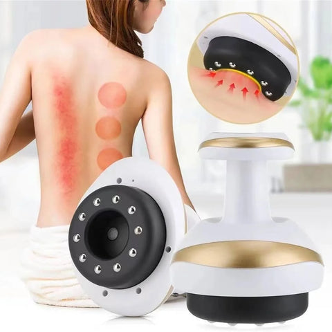 Massage device with close-up of massage area on skin, showing redness and massage points.