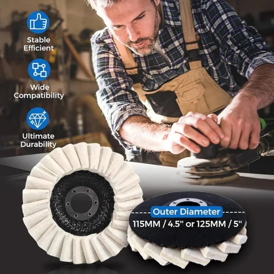 Man using a sander with two sanding discs displayed below, labeled for outer diameter.