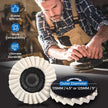 Man using a sander with two sanding discs displayed below, labeled for outer diameter.