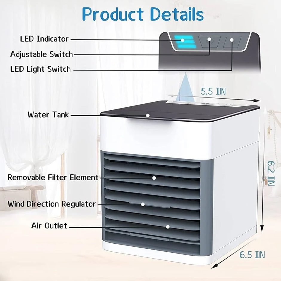 Portable air conditioner with labeled parts and dimensions on a white background