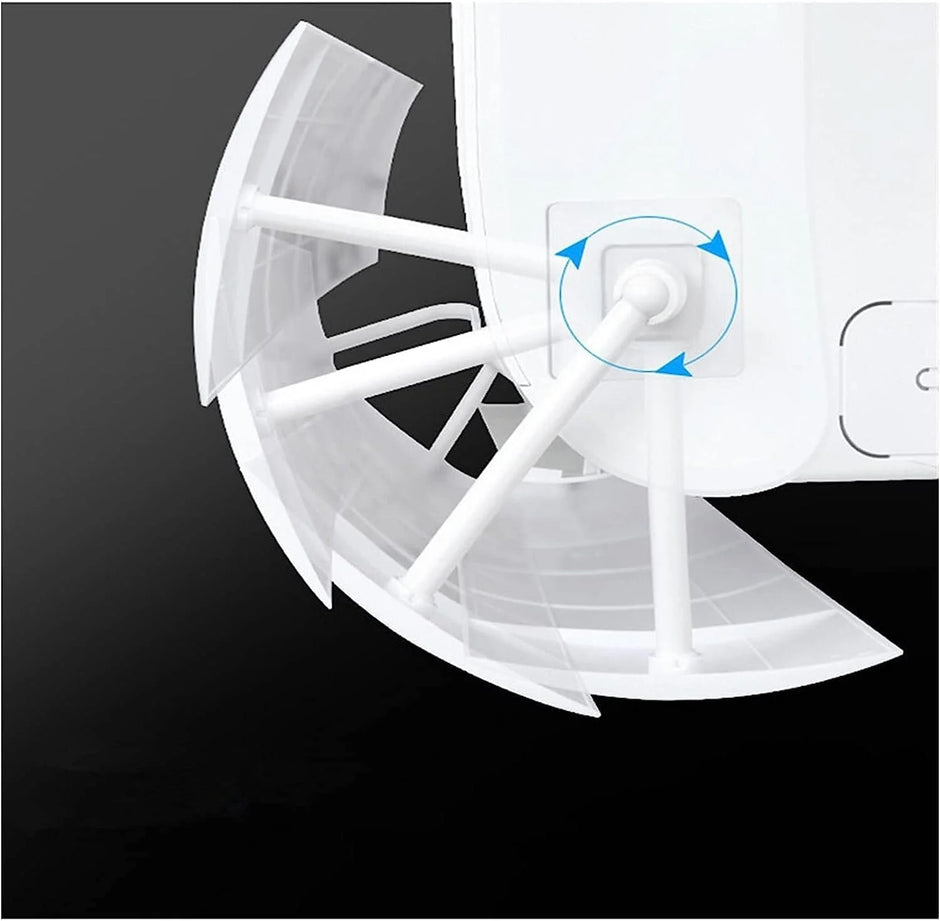 White fan blade with blue arrows indicating airflow on a black background