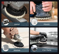 Collage of a polisher being used on metal, plastic, marble, and car parts.