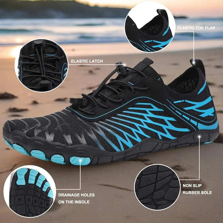 Black and blue water shoes with features highlighted on a beach background