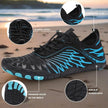 Black and blue water shoes with features highlighted on a beach background