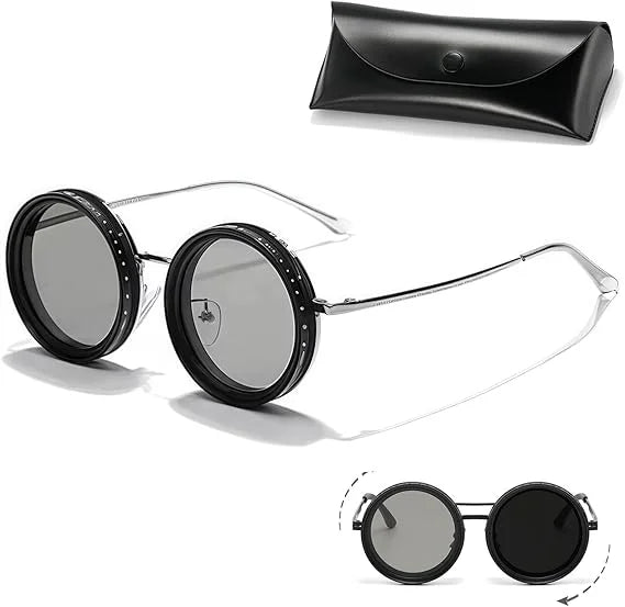 Round sunglasses with black frames and gray lenses, accompanied by a black case on a white background.