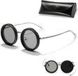 Round sunglasses with black frames and gray lenses, accompanied by a black case on a white background.