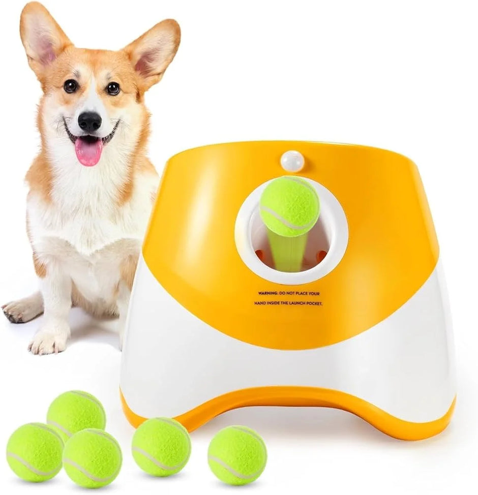 Dog next to a yellow and white ball launcher with tennis balls on a white background