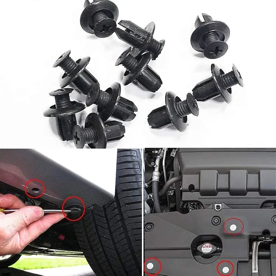Collection of black car bumper clips on a white background with examples of their use on a car.