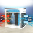 Air conditioning unit with arrows indicating airflow direction on a gradient background