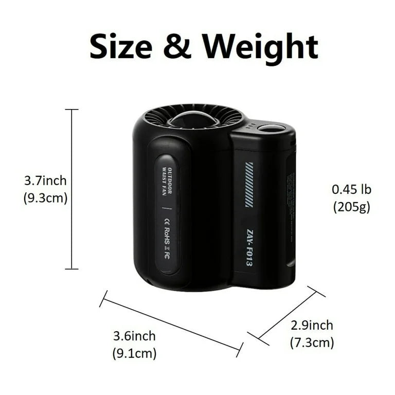 Size of WindForce Pro High-Velocity Hands-Free Waist Fan in Tactical Black finish.