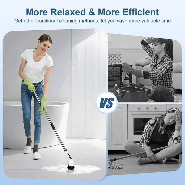 Woman using a cleaning tool in a bathroom with text about relaxing and efficient cleaning methods.