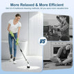 Woman using a cleaning tool in a bathroom with text about relaxing and efficient cleaning methods.
